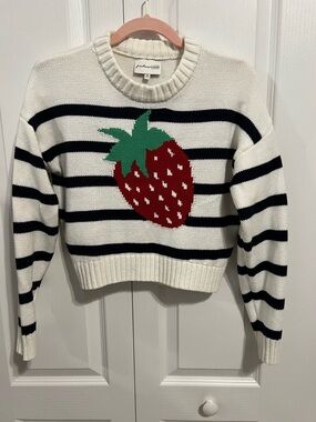 Freshman 1996 Cream Stripe Sweater with Red Strawberry Motif
